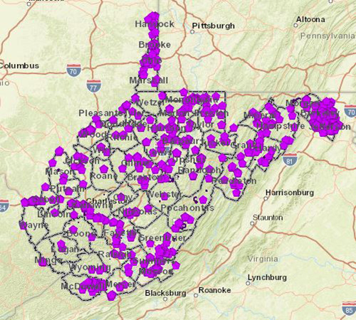 Image of WV in purple showing dot locations of Cultural resources